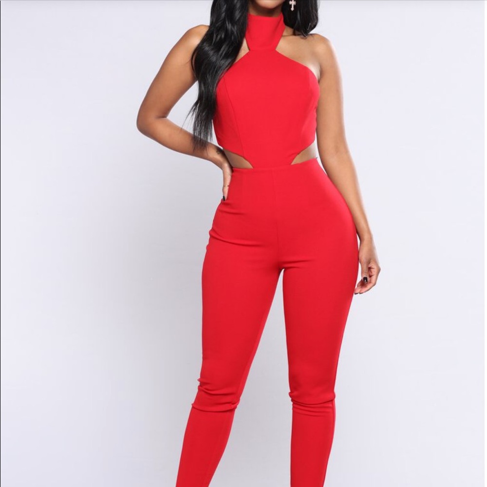 red jumpsuit.